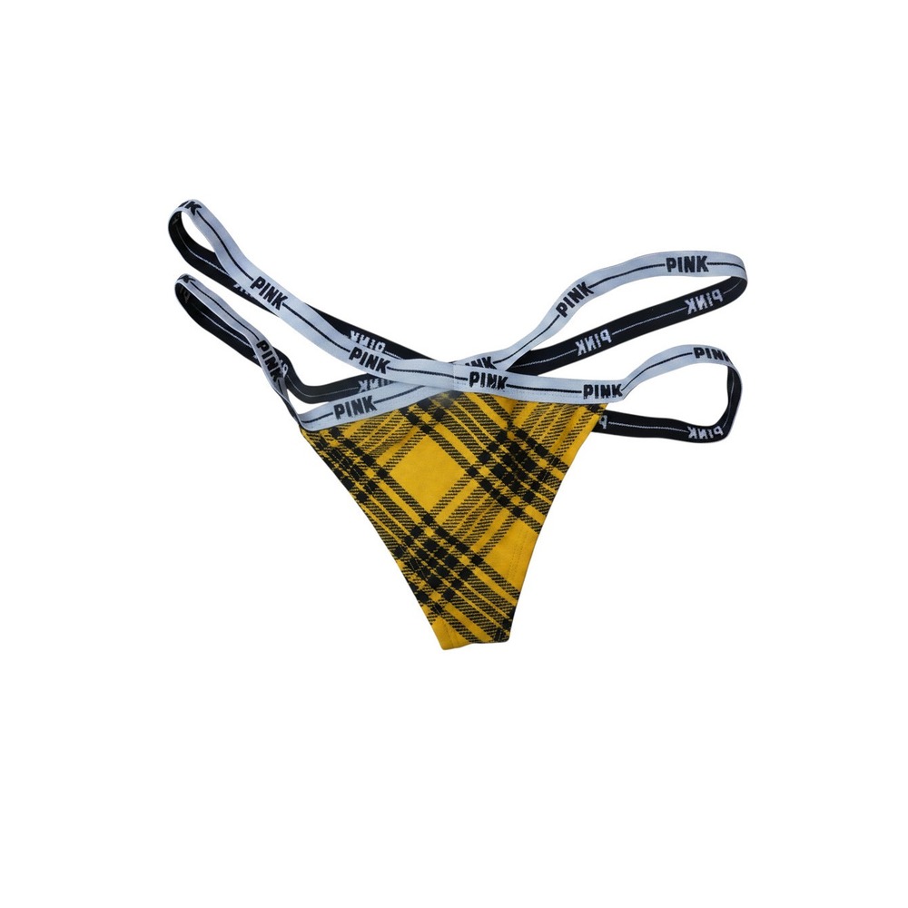 PINK Victoria's Secret V-String Thong Womens Medium Yellow Plaid Logo